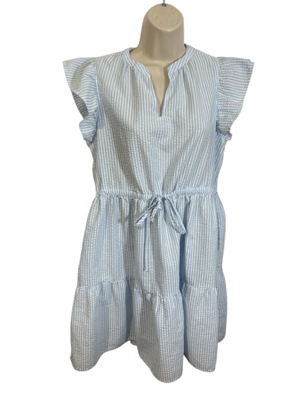 Time & Tru Women's Size Medium 8-10 Seersucker Dress Blue White Stripes